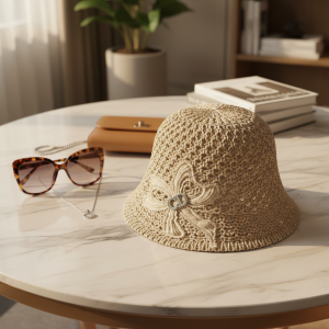 Dior Straw Knit Bucket Hat with Bow Design