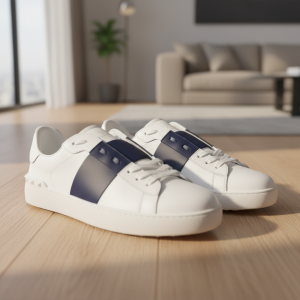 Valentino White Blue Studded Leather Sneakers Unisex Shoes