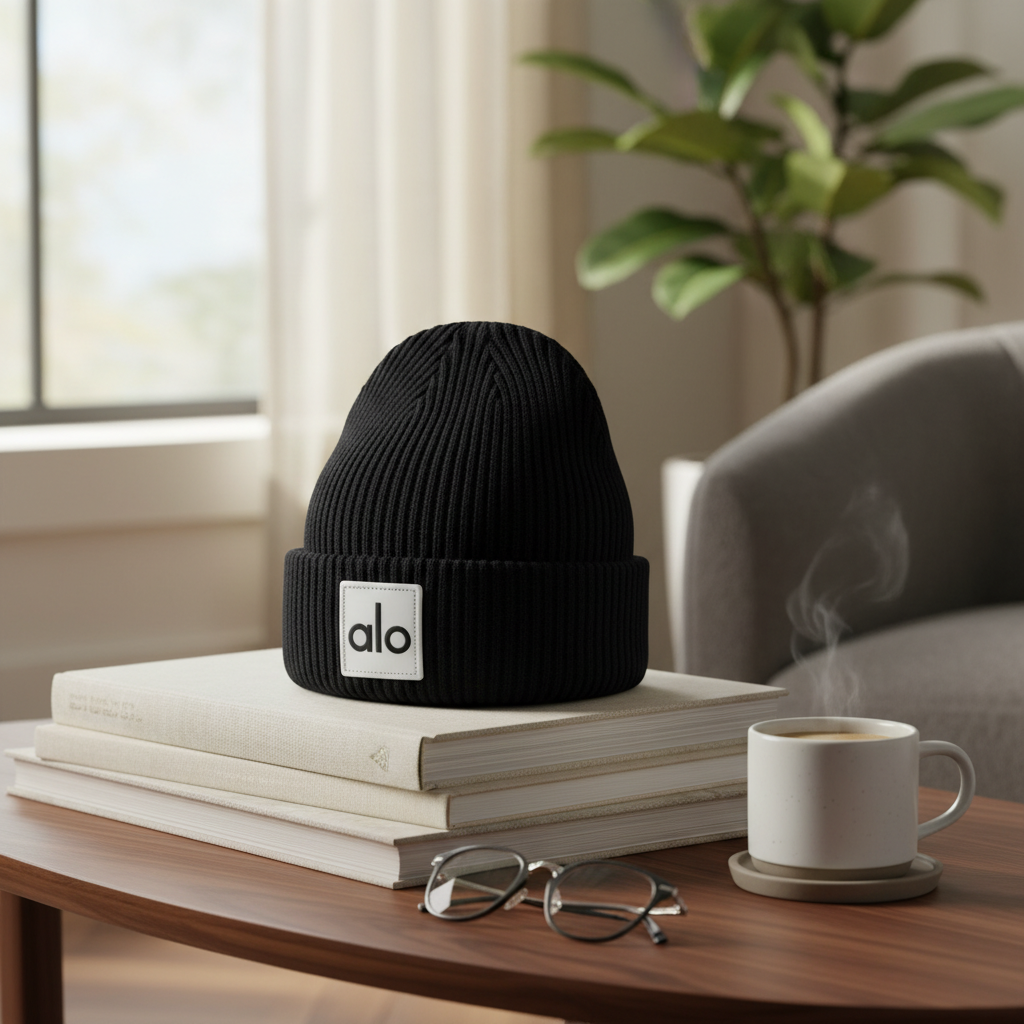 Alo Ribbed Knit Cuffed Black Beanie Hat