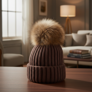Moncler Brown Knit Hat Real Fur Pom