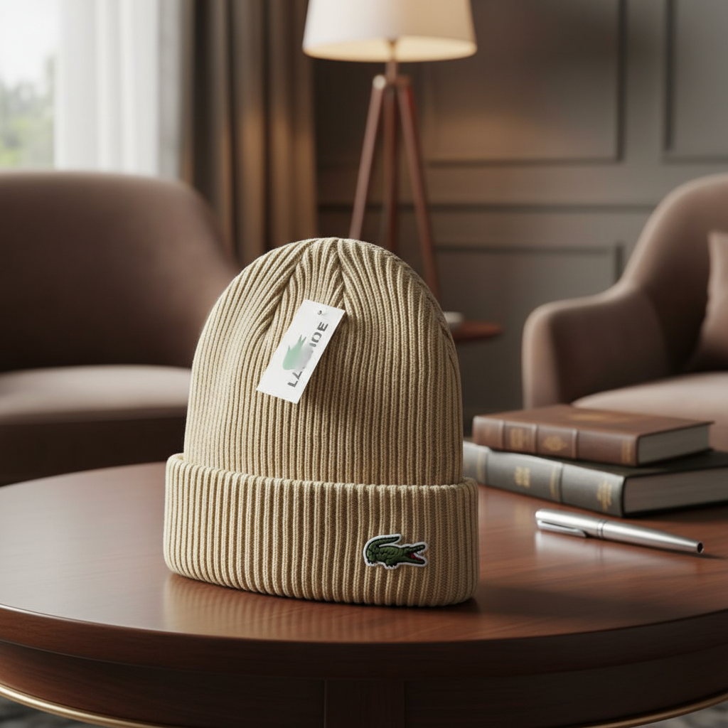 Lacoste Ribbed Knit Beige Winter Beanie Hat