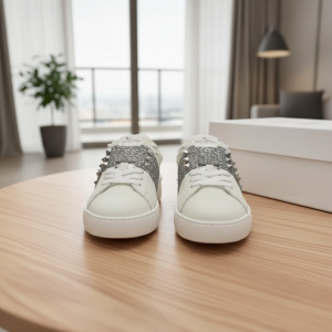 Valentino White Silver Glitter Stud Leather Sneakers