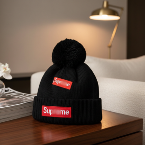 Supreme Black Knit Beanie Winter Pom Pom Hat