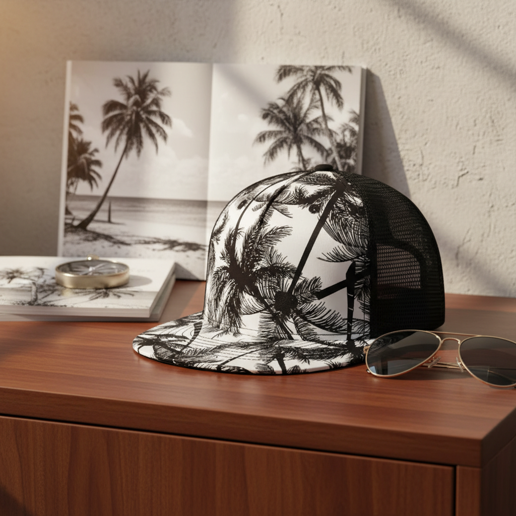 Palm Tree Print Mesh Trucker Hat Summer Cap