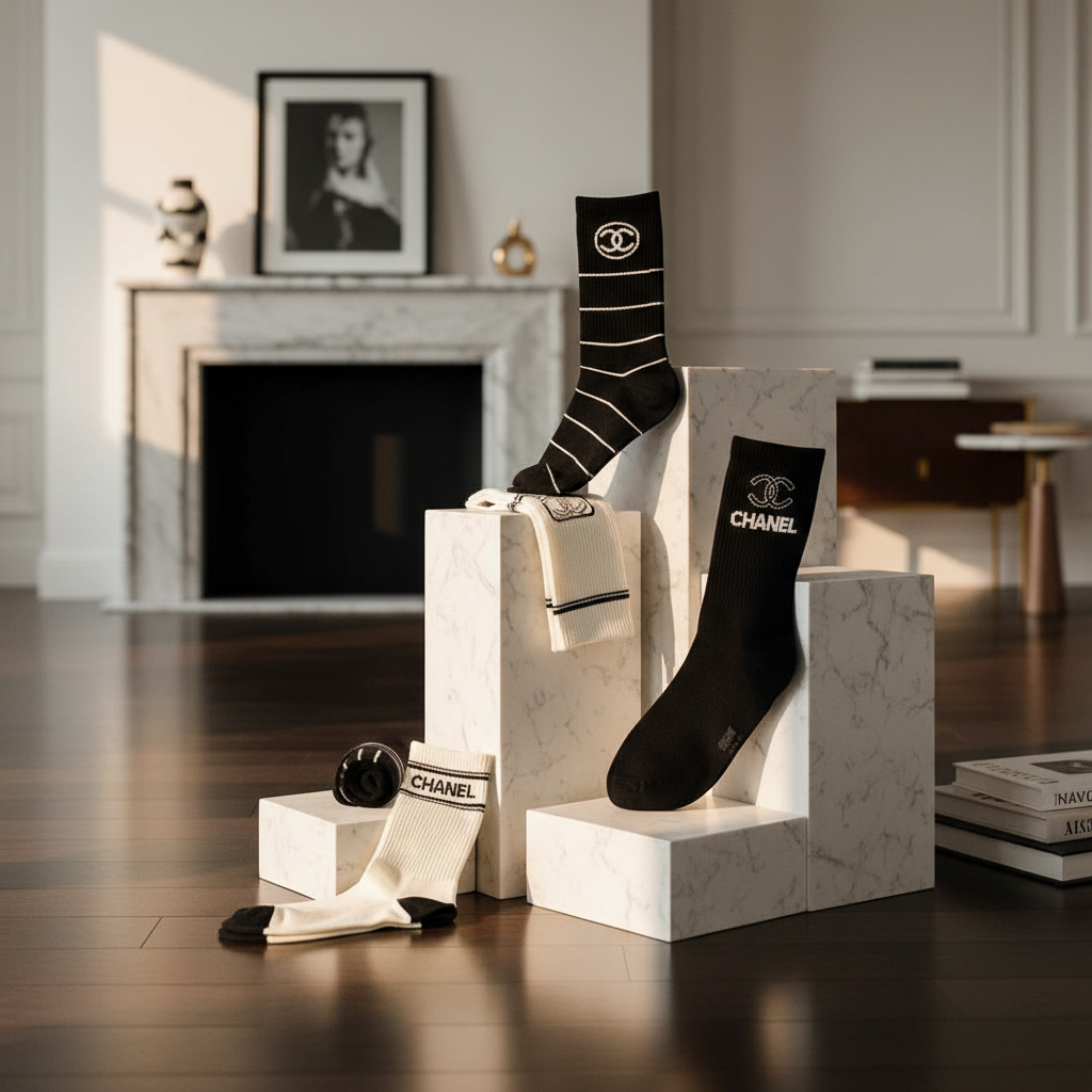 Luxury Black White Cotton Logo Socks