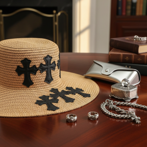 Chrome Hearts Straw Hat Black Crosses Summer Cap