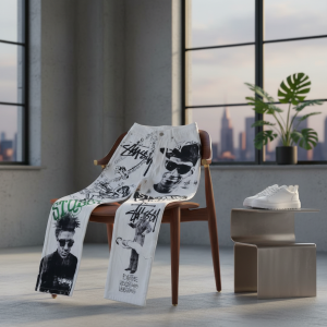 Stussy Graffiti Print Streetwear White Denim Pants