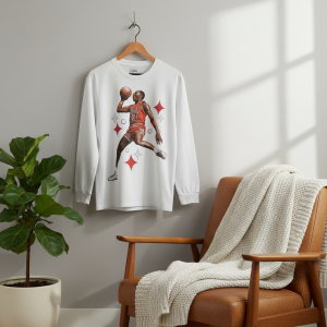 Basketball Player Print Long Sleeve White T-Shirt