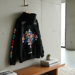 Chrome Hearts Black Hoodie Colorful Cross Embroidered Pullover