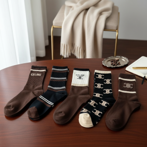 Celine Brown Cotton Logo Crew Socks 5 Pairs Set