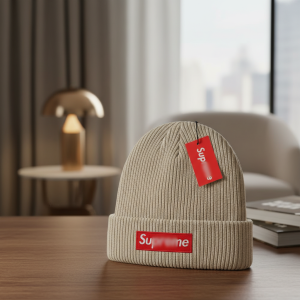 Supreme Beige Knit Beanie Winter Hat