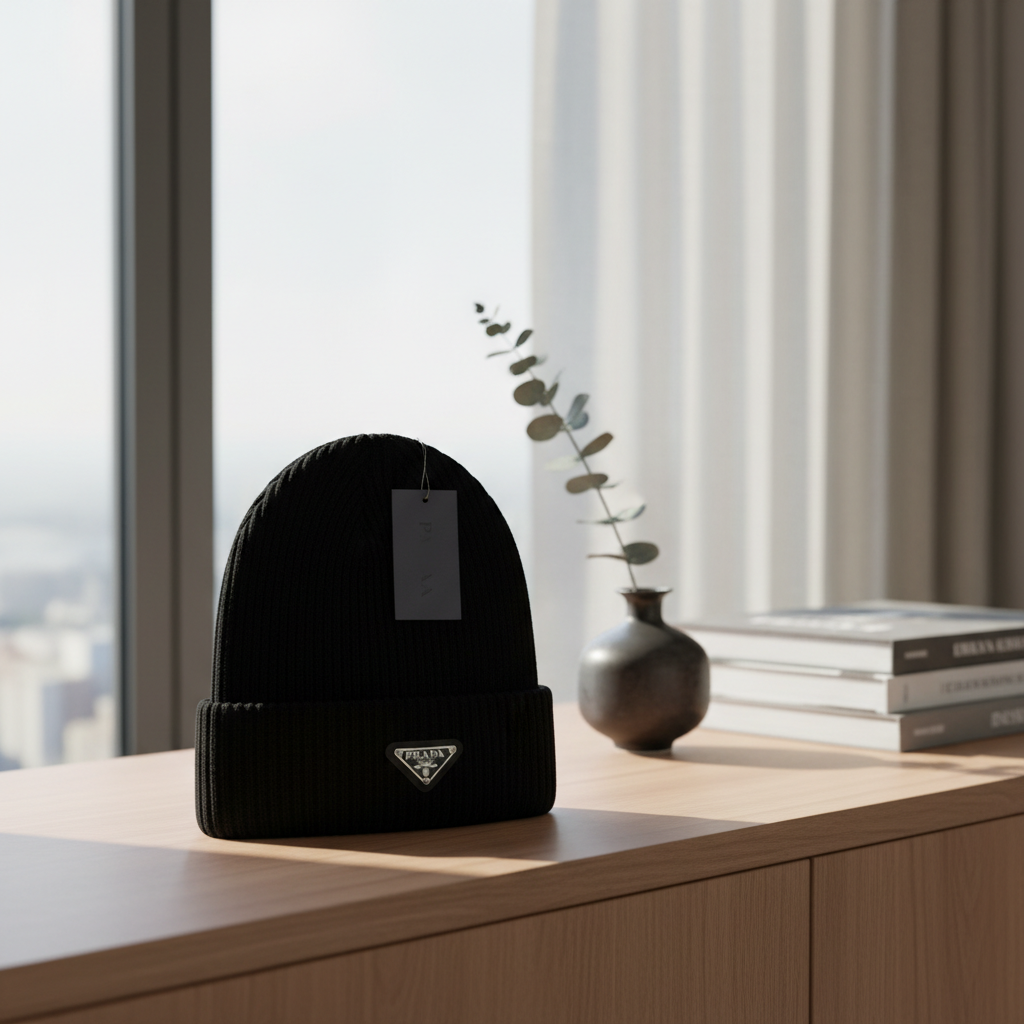 Prada Black Ribbed Knit Wool Beanie Hat