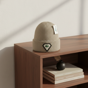 Lacoste Ribbed Knit Beanie Winter Hat Beige