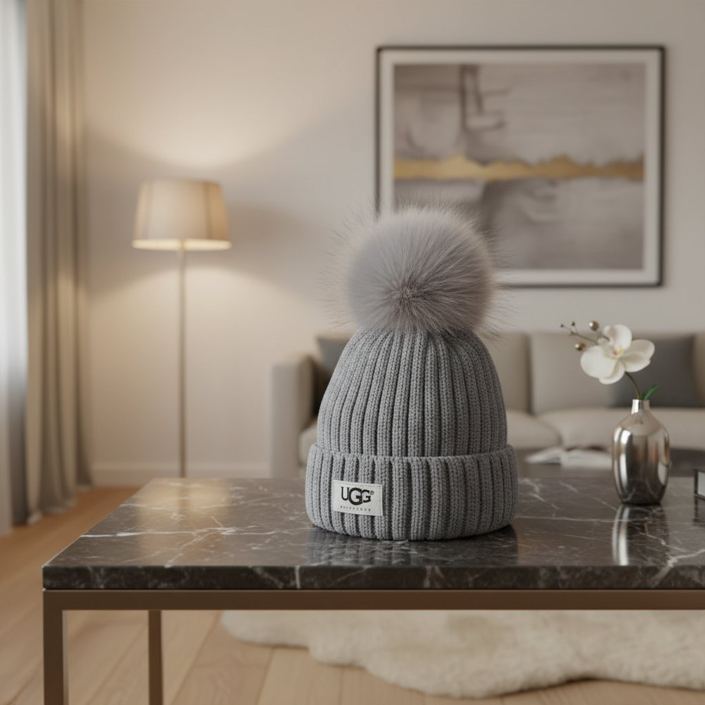 UGG Gray Knit Beanie Hat with Faux Fur Pom