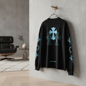 Chrome Heart Black Hoodie Blue Cross Print