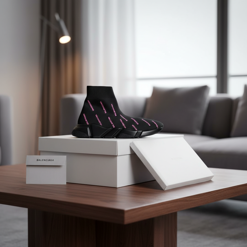Balenciaga Speed Trainer Black Pink Logo Sneakers