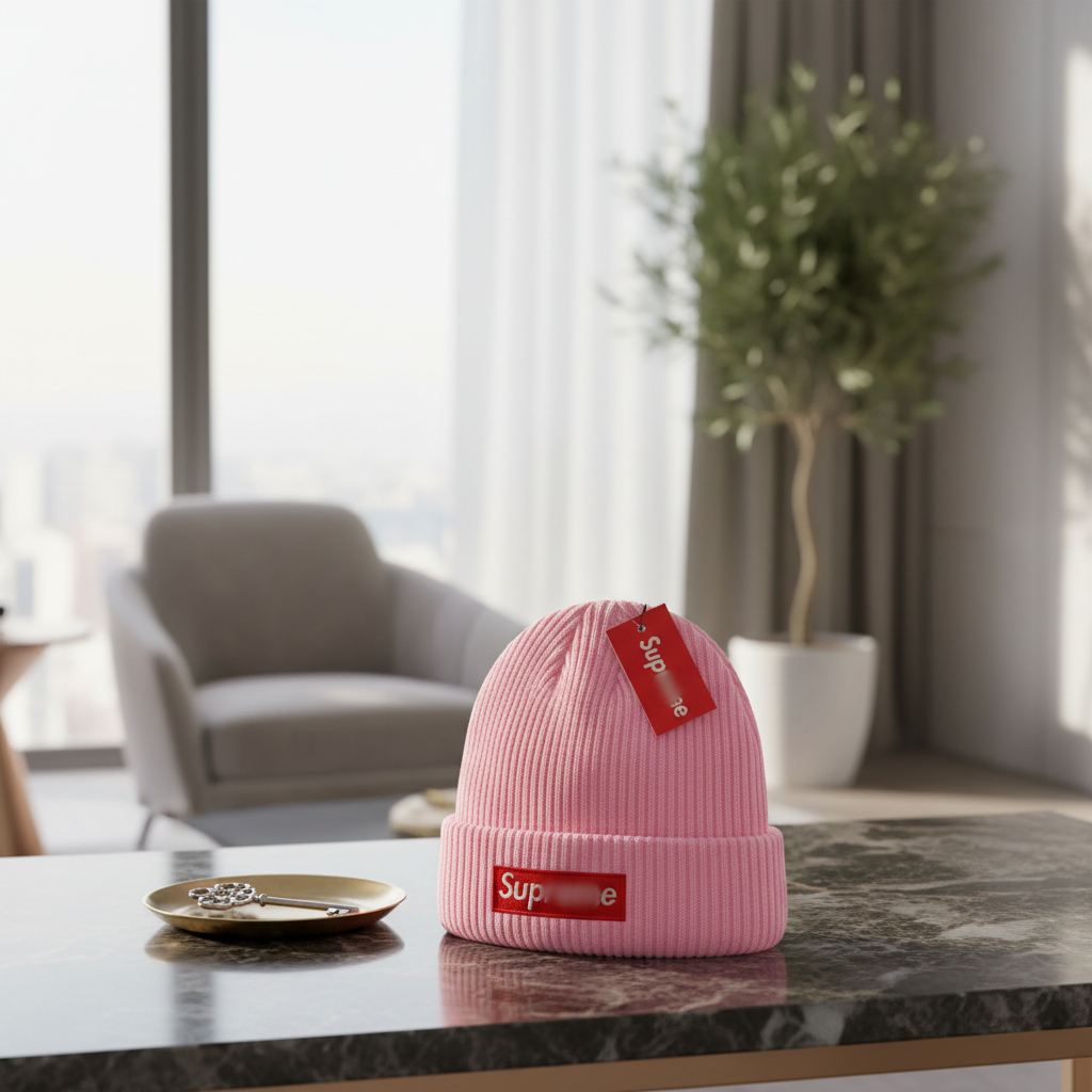 Supreme Pink Knit Beanie Hat for Winter