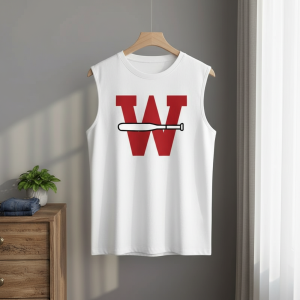 White Cotton Sleeveless T-Shirt Red W Baseball Print