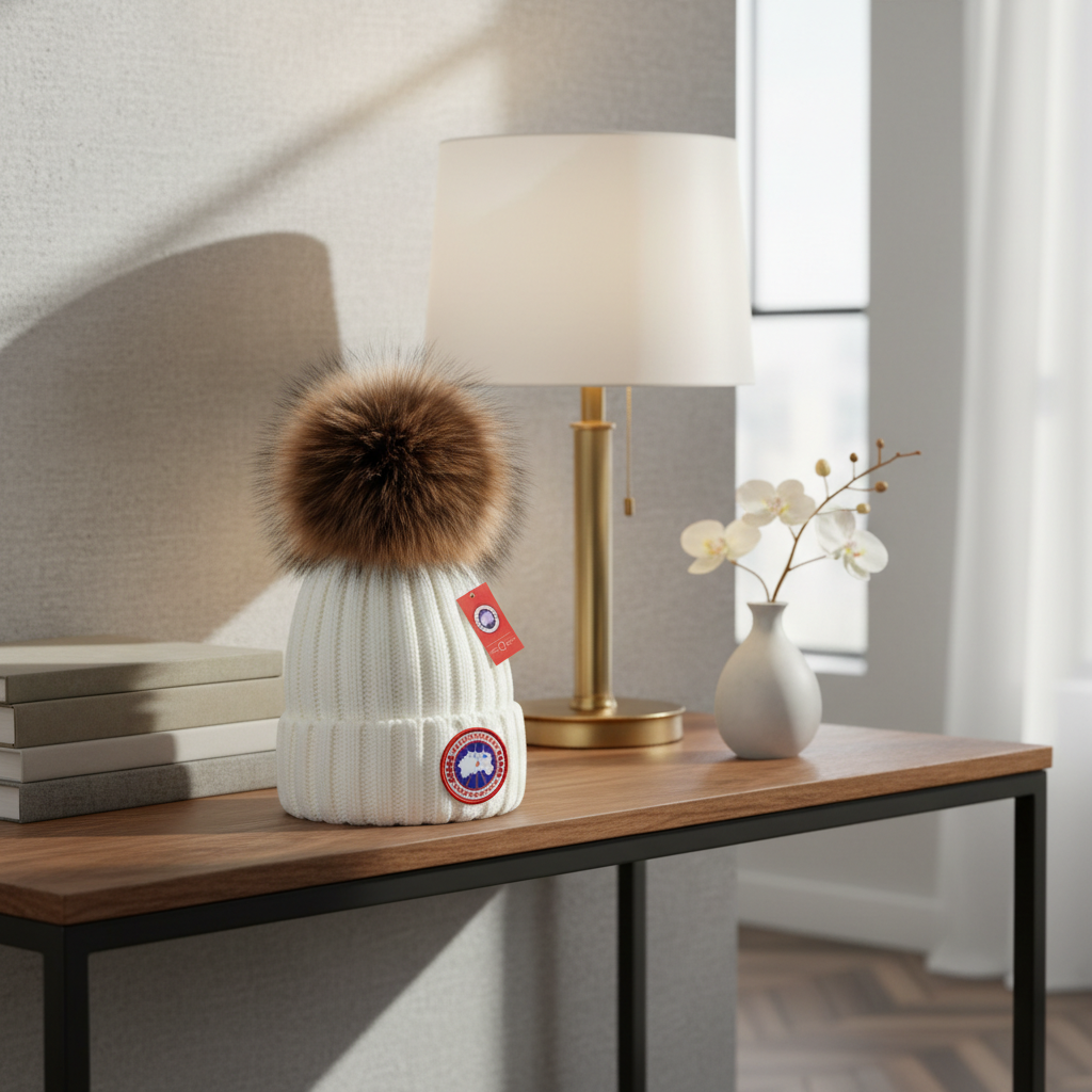 Moncler White Knit Beanie Hat with Fur Pom Pom