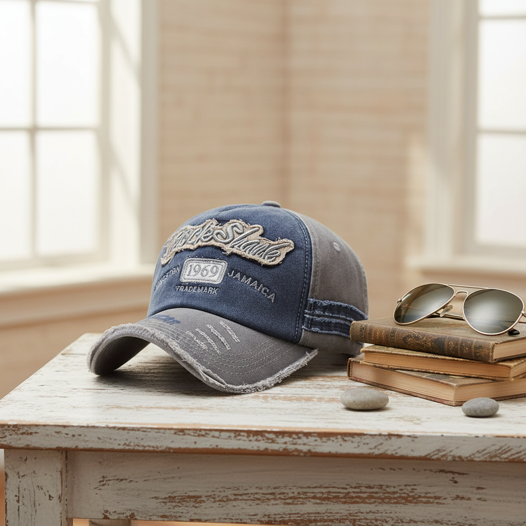 Vintage Denim Baseball Cap Distressed Embroidered Hat 1969