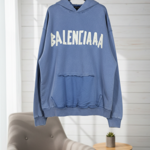 Balenciaga Vintage Blue 3D Logo Unisex Cotton Hoodie