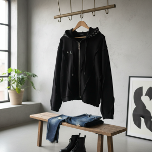 THUG CLUB Black Punk Metal Ring Zipper Hoodie