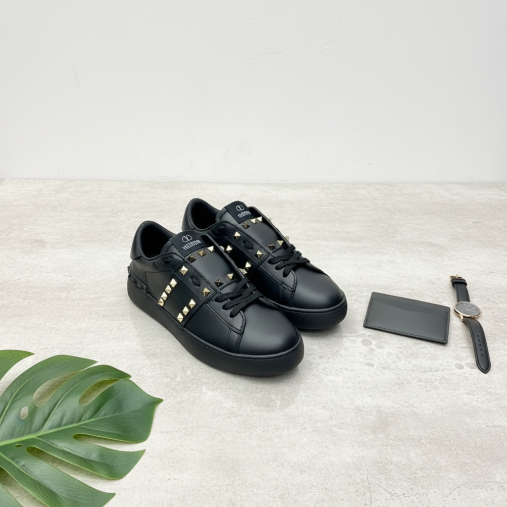 Valentino Black Studded Leather Low Top Sneakers