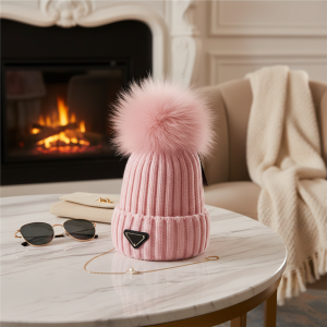 Prada Pink Knit Fur Pom Beanie Hat