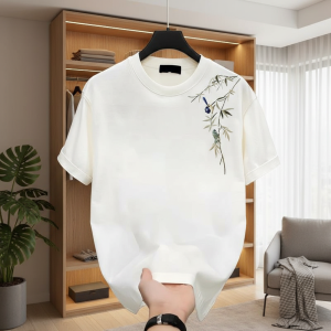 White Bamboo Leaf Embroidered Cotton Unisex T-Shirt