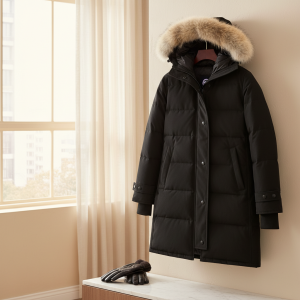 Men’s Winter Hooded Down Coat with Fur Trim Black