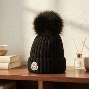 Moncler Black Knit Beanie Hat with Fur Pom