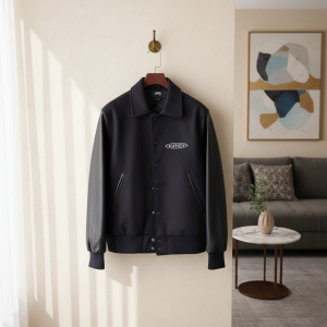 Stussy Black Leather Sleeve Varsity Jacket for Men