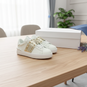 Valentino Rockstud White Leather Gold Strap Sneakers