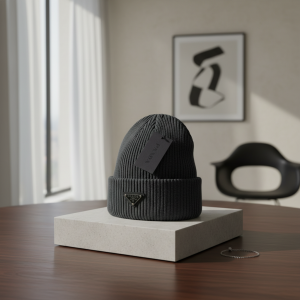 Prada Ribbed Knit Wool Beanie Hat Gray