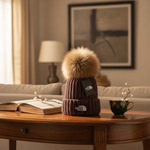 The North Face Brown Knit Beanie with Fur Pom