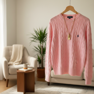Ralph Lauren Pink Cable Knit Wool Crew Sweater