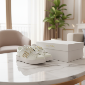 Valentino White Leather Gold Studded Unisex Sneakers