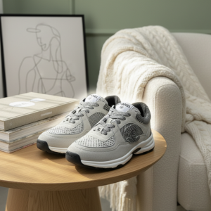 Chanel Grey White Unisex Suede Fabric Sneakers