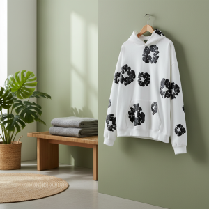 White Hoodie Black Floral Print Streetwear Pullover