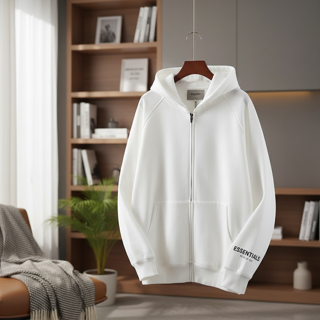 Essentials Men’s White Zip Up Hoodie Sweatshirt