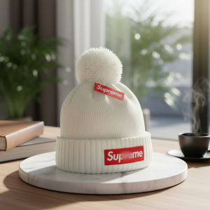 Supreme White Knit Pom Beanie Hat