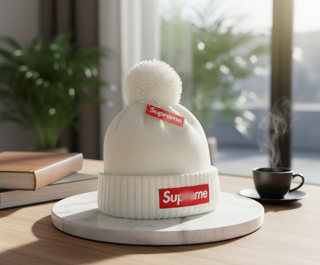 Supreme White Knit Pom Beanie Hat