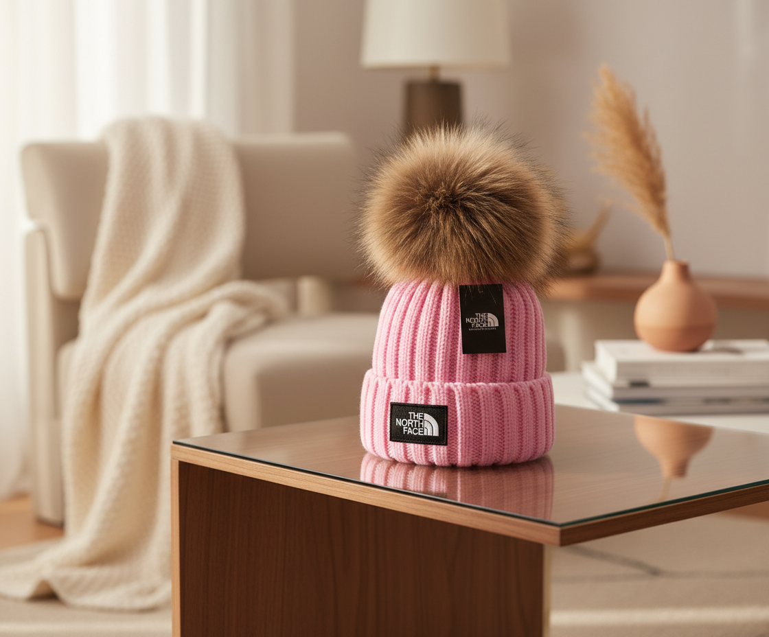 The North Face Pink Knit Fur Pom Beanie Hat