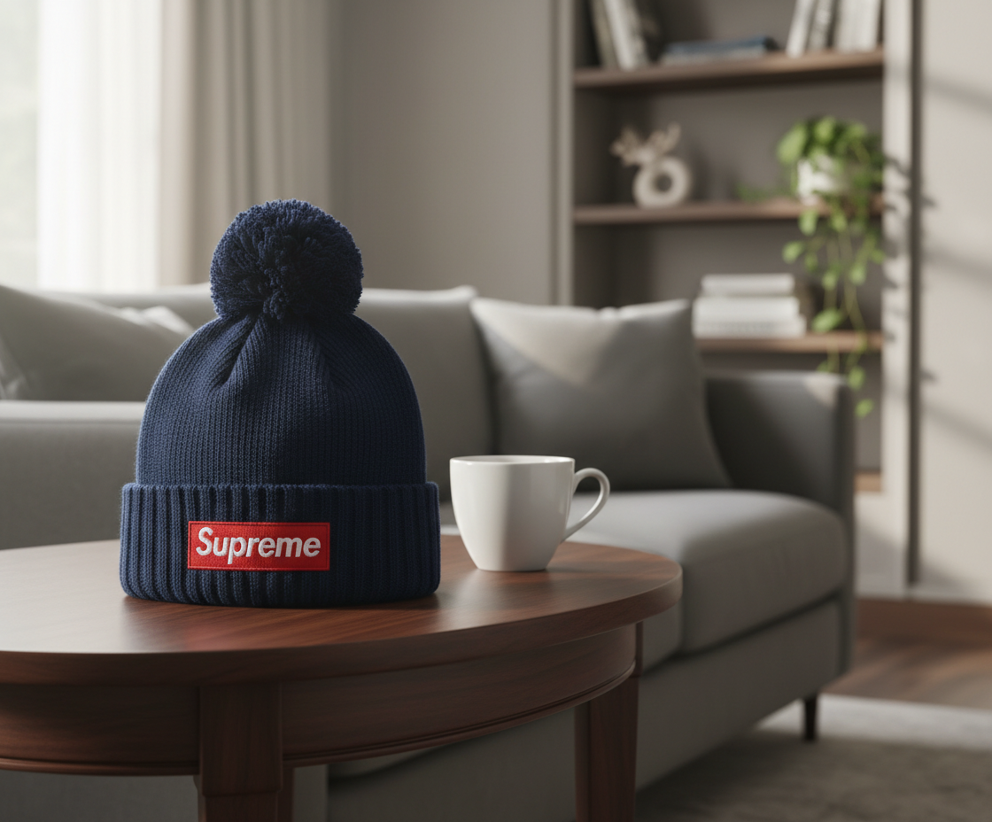Supreme Navy Knit Winter Pom Beanie Hat