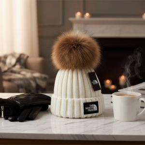The North Face White Knit Fur Pom Beanie Hat