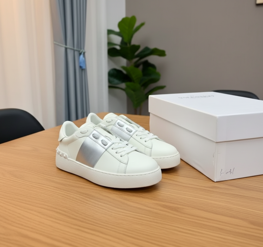 Valentino White Silver Studded Leather Unisex Sneakers