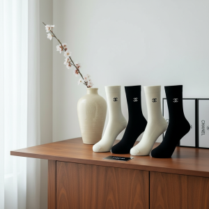 Chanel Cotton Logo Crew Socks Black White Set