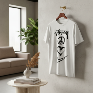 Stussy Peace Love Swoosh White Graphic T-Shirt