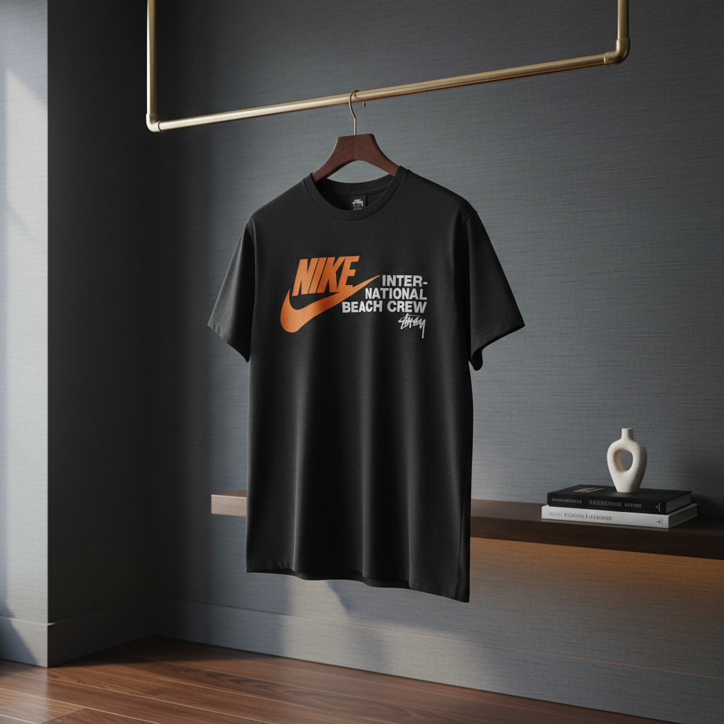 Stussy Nike Black Orange Logo Beach Crew T-Shirt