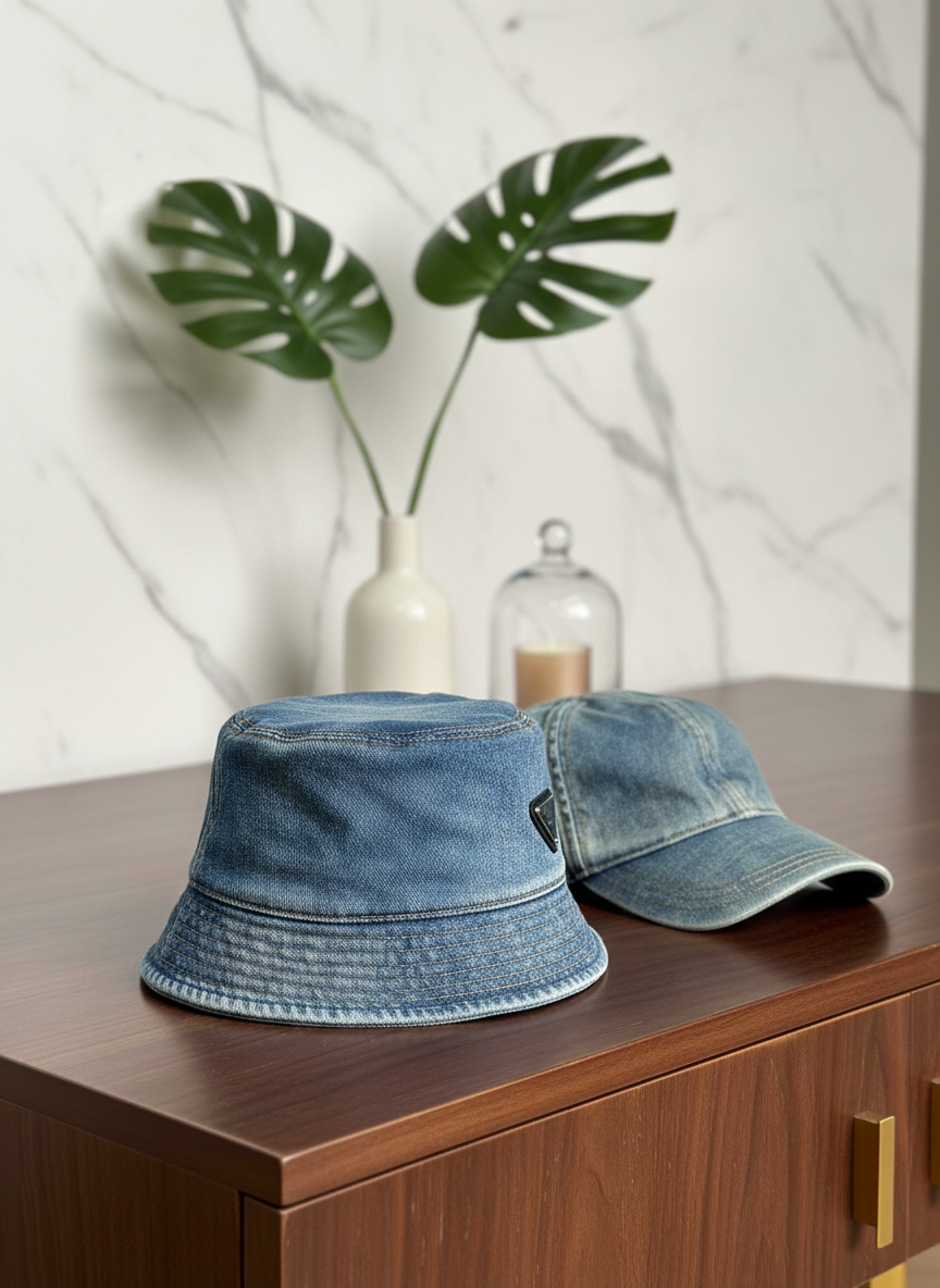 Prada Denim Bucket Hat and Baseball Cap